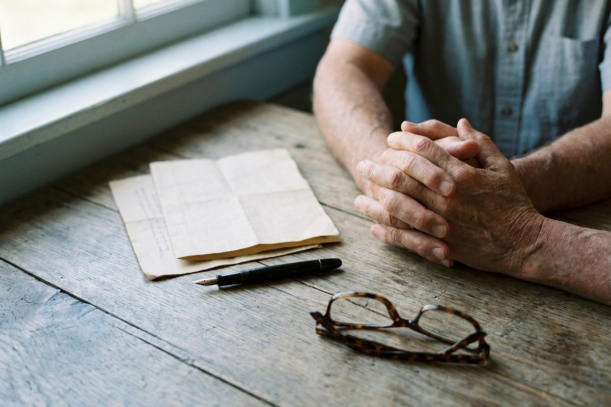 Hands resting on a table beside a signed document